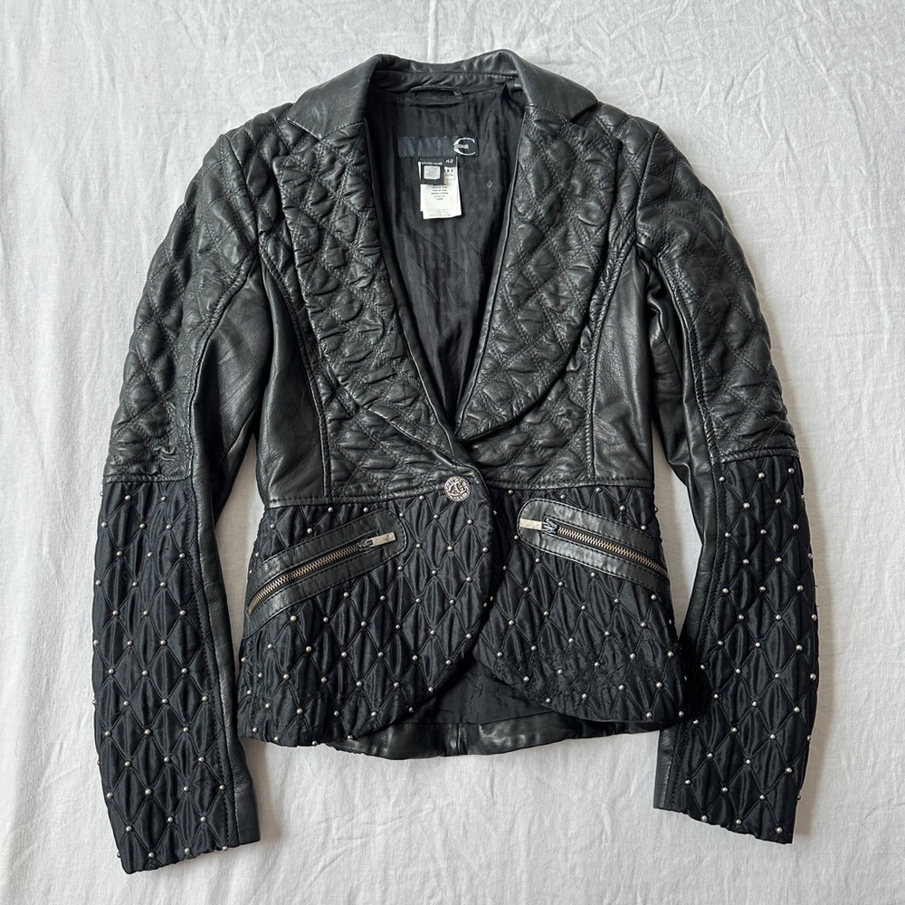 Just Cavalli 2010s Quilted Leather & Nylon Studded Jacket